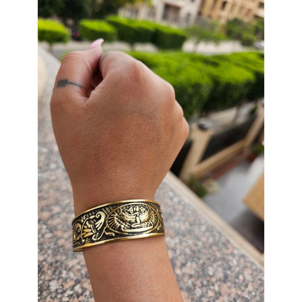 Handmade Goddess Isis Bangle – Black & Gold Brass, Lotus Symbol